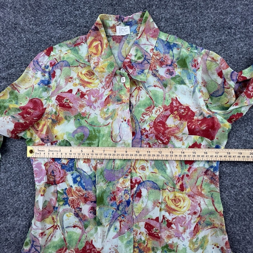 JCC Signature Floral Watercolor Button Up Blouse 3/4 Sleeve Sheer Top - Picture 2 of 6